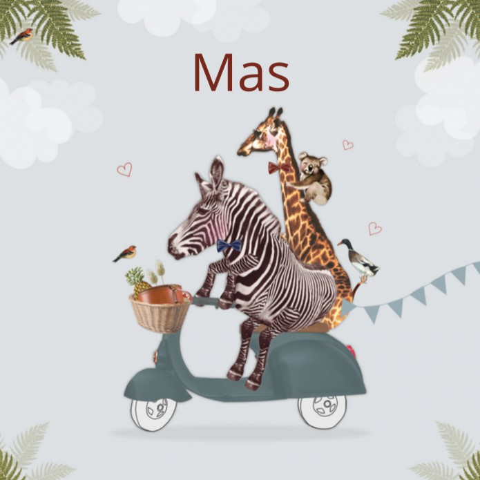 Geboortekaartje Giraf en Zebra op blauwe scooter Mas