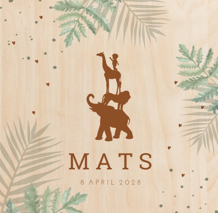Geboortekaartje jungledieren silhouet Mats - op echt hout voor