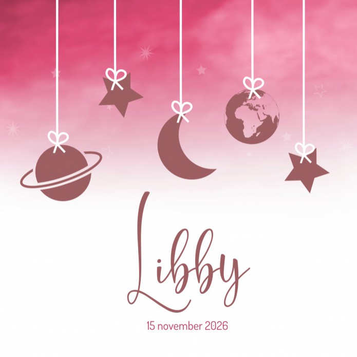 Geboortekaartje roze rode aquarel met maan en sterren Libby voor