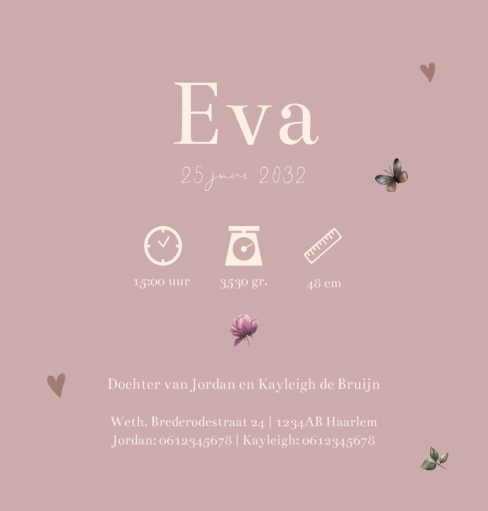 Rechter binnenzijde van geboortekaartje Eva