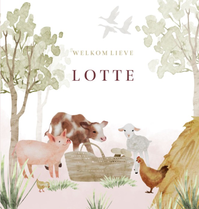 Geboortekaartje meisje boerderij dieren aquarel Lotte