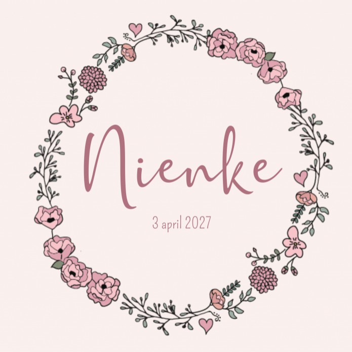 Geboortekaartje cirkel van bloemen roze Nienke