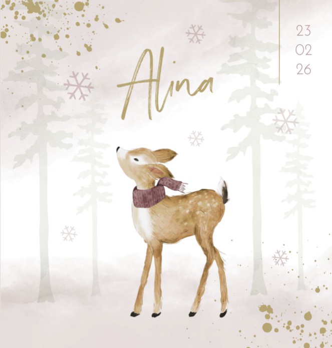 Geboortekaartje meisje bos hert winter Alina