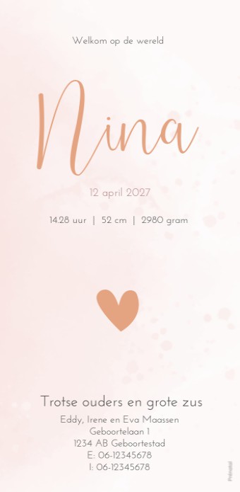 Geboortekaartje Prénatal roze aquarel hartje Nina