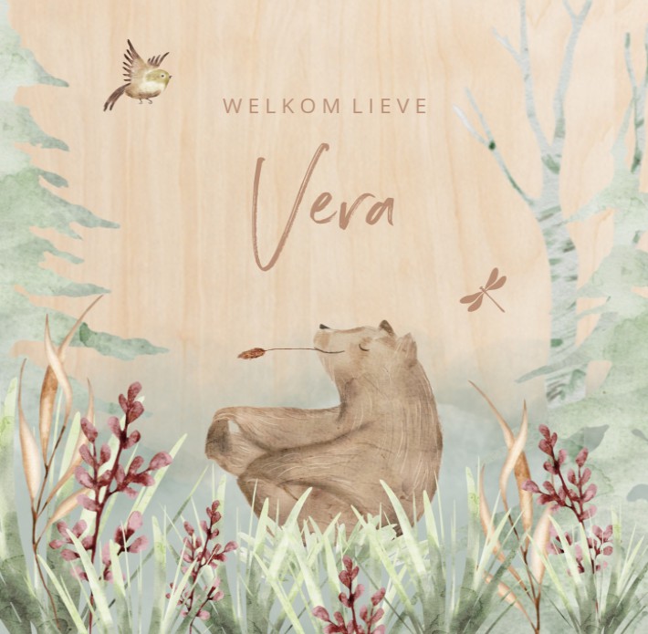 Geboortekaartje meisje beer aquarel hout Vera