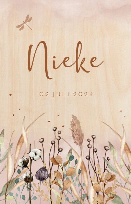 Geboortekaartje dochter botanical floral op hout Nieke