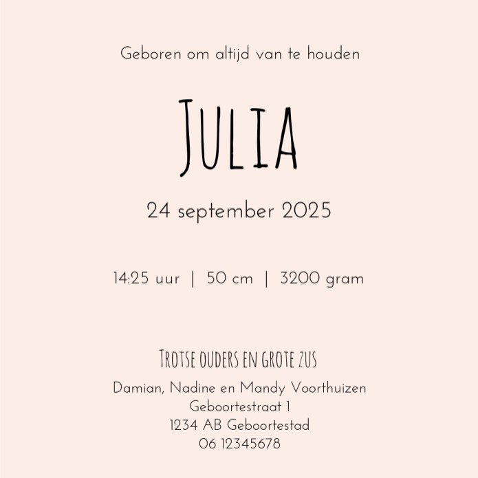 Geboortekaartje meisje roze regenboog Julia