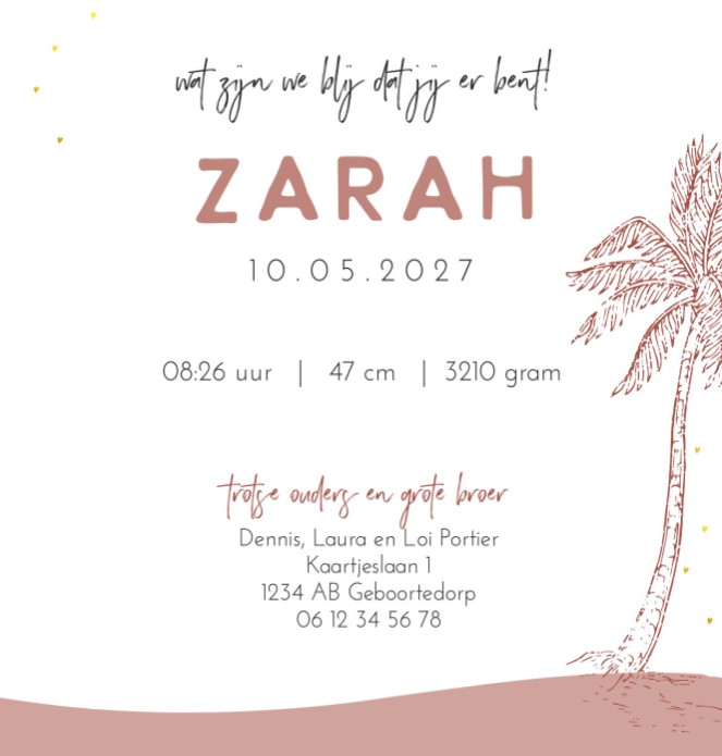 Geboortekaartje meisje lijntekening goudfolie Zarah