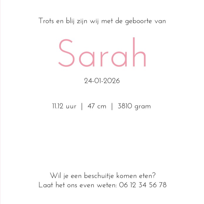 Geboortekaartje nijntje portret goudlook roze meisje Sarah