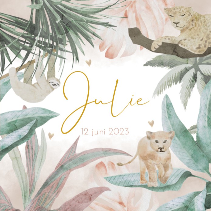 Geboortekaartje meisje jungledieren Julie