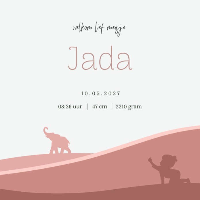 Geboortekaartje meisje olifant roze silhouette Jada