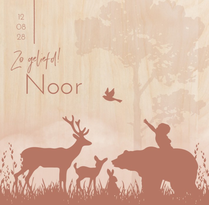 Geboortekaartje meisje silhouette bosdieren hout Noor
