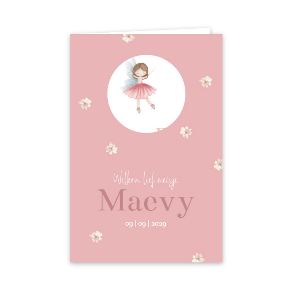 Geboortekaartje meisje sprookjes uitsnede roze Maevy
