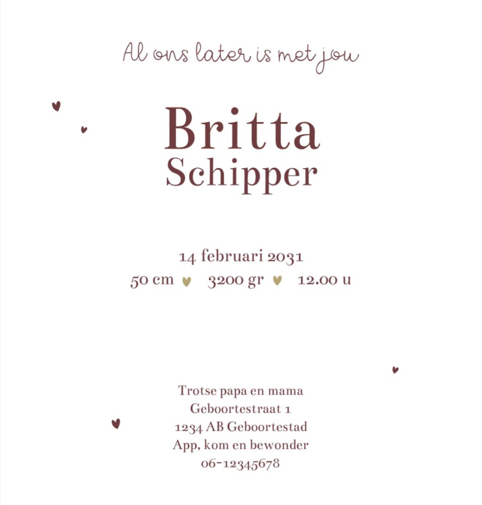 Rechter binnenzijde van geboortekaartje Britta