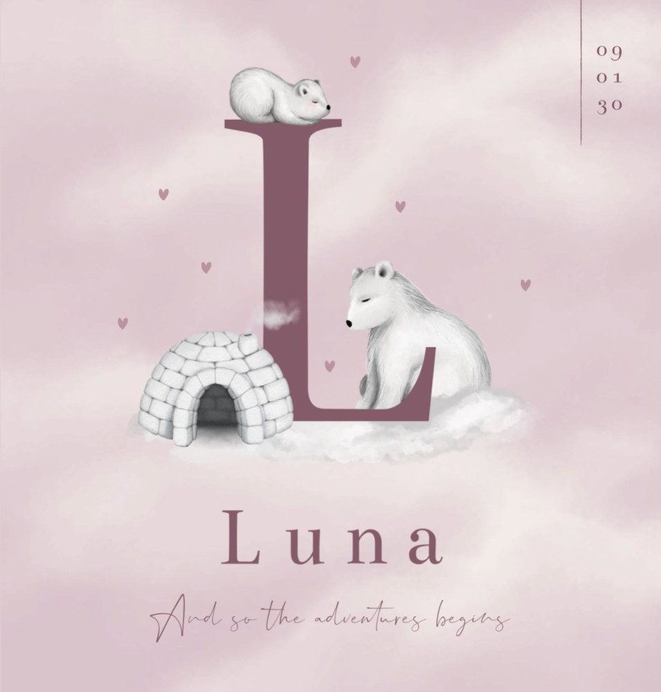 Geboortekaartje meisje ijsbeer initiaal Luna