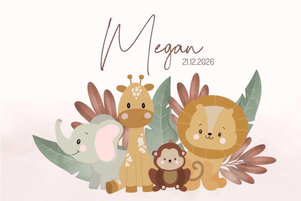 Geboortekaartje meisje jungle safari dieren Megan voor