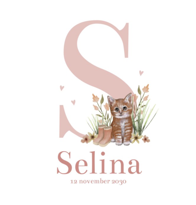 Geboortekaartje meisje kat initiaal Selina