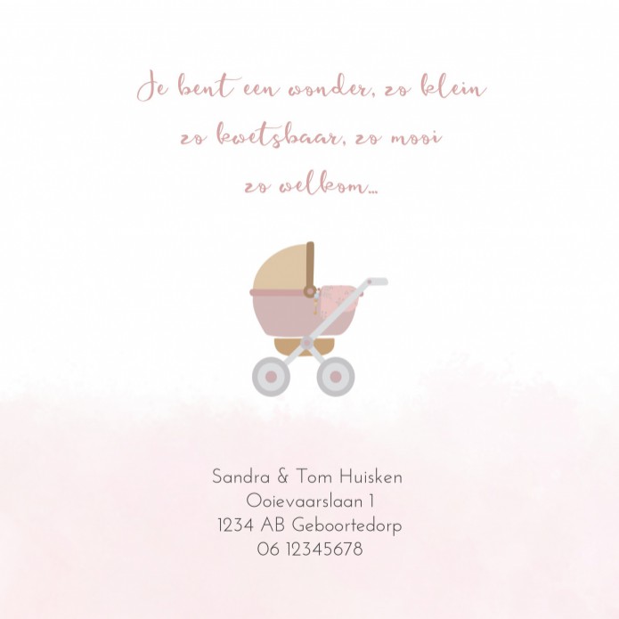 Geboortekaartje kinderwagen roze aquarel Eline