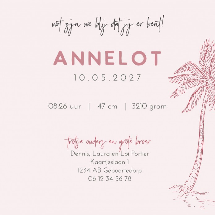 Geboortekaartje meisje lijntekening Olifant Annelot