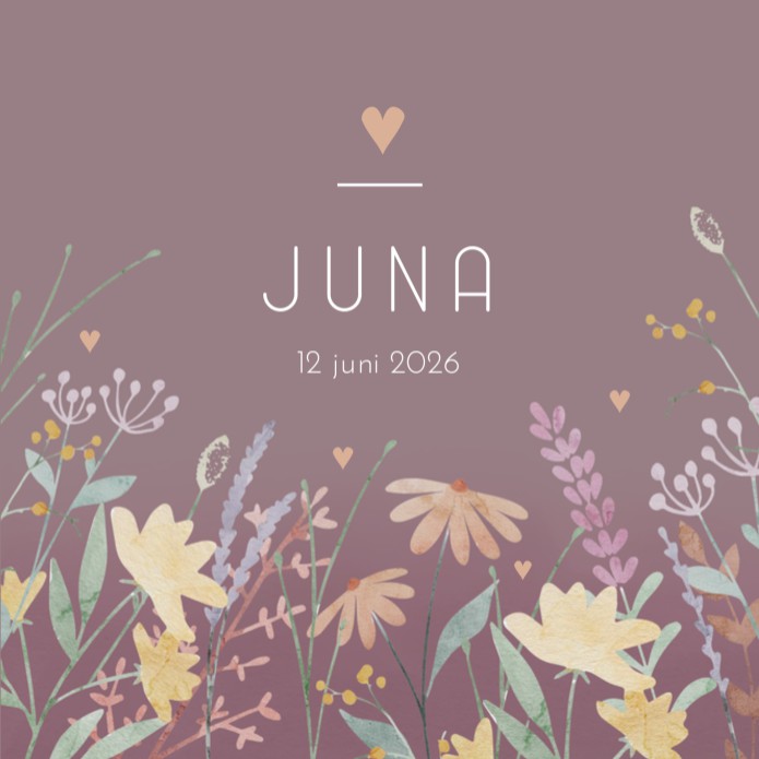 Geboortekaartje meisje lila bloemen Juna voor