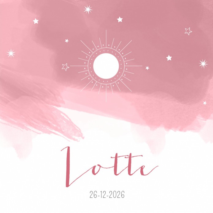 Geboortekaartje meisje roze aquarel met maan Lotte