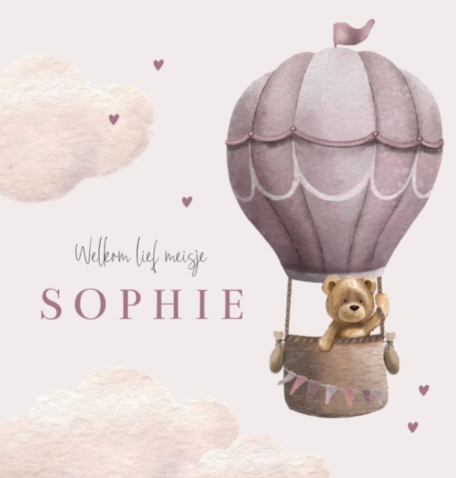 Geboortekaartje meisje luchtballon teddybeer Sophie