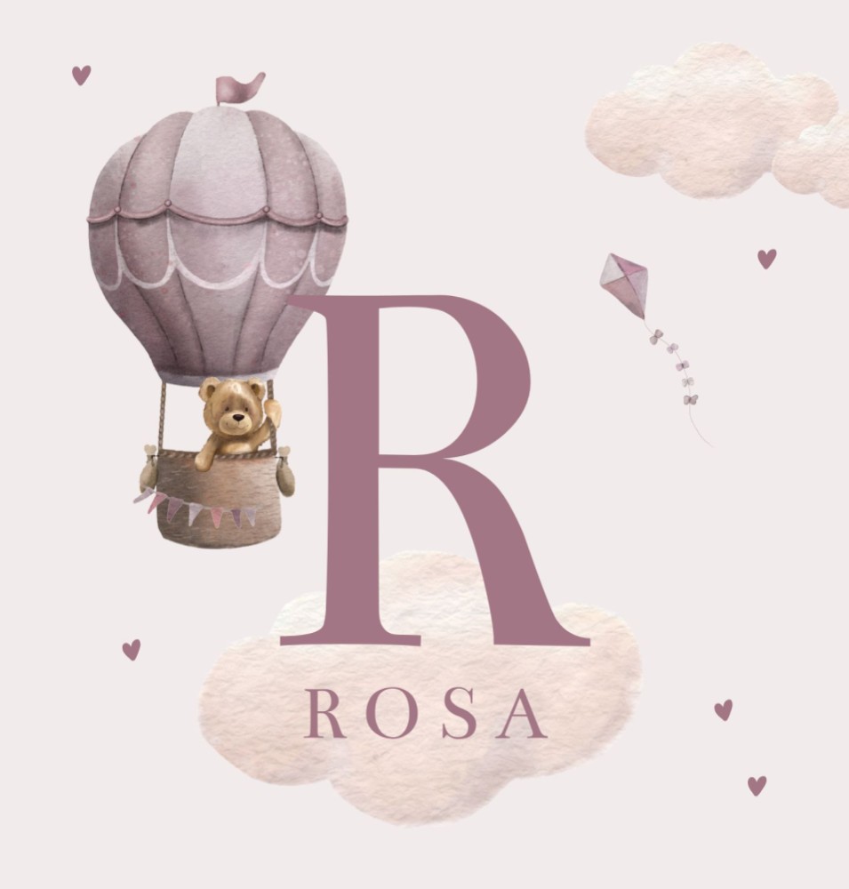 Geboortekaartje meisje luchtballon teddybeer initiaal Rosa