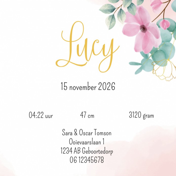Geboortekaartje bloemen roze Lucy - goudfolie optioneel