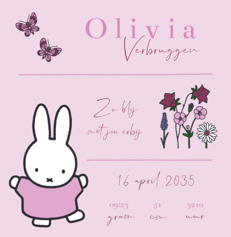 Geboortekaartje meisje nijntje geboortegegevens bloemen Olivia