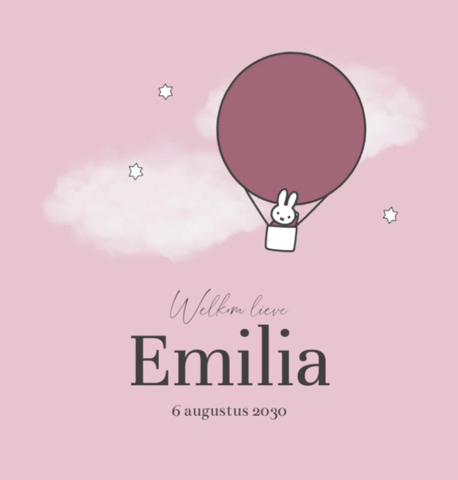 Geboortekaartje meisje nijntje luchtballon roze Emilia