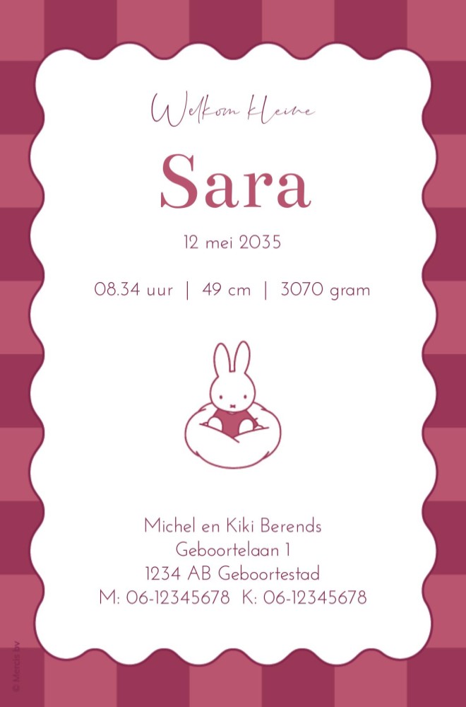 Achterkant van geboortekaartje nijntje op wolk roze Sara