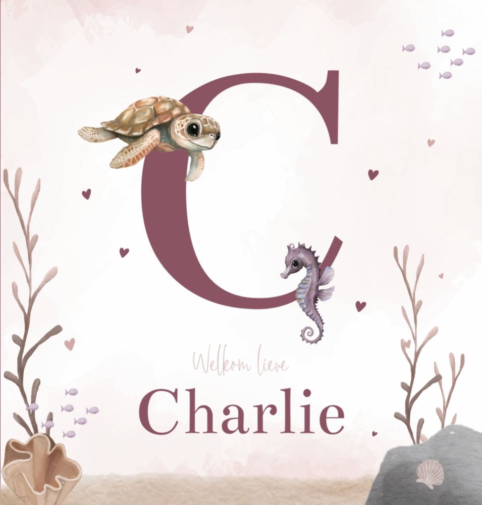 Geboortekaartje meisje onderwater dieren initiaal Charlie