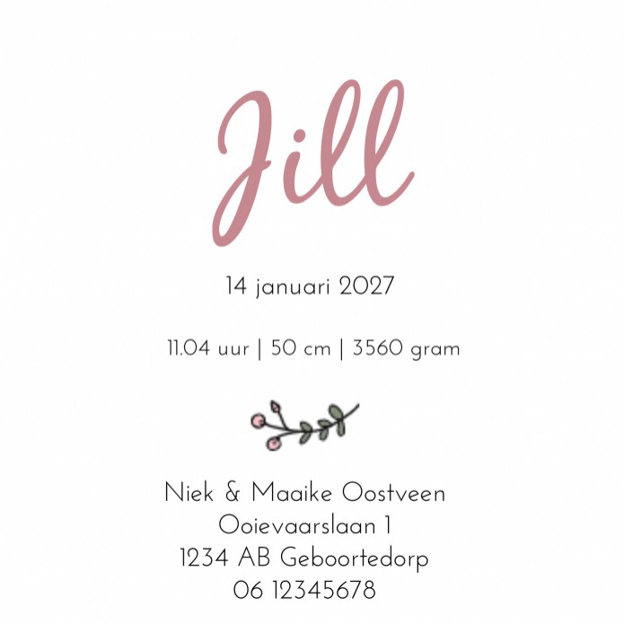Geboortekaartje stijlvol bloemenpatroon roze Jill