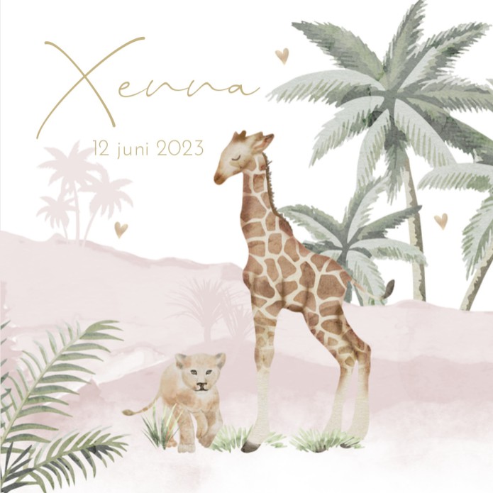 Geboortekaartje meisje roze jungle giraf Xenna