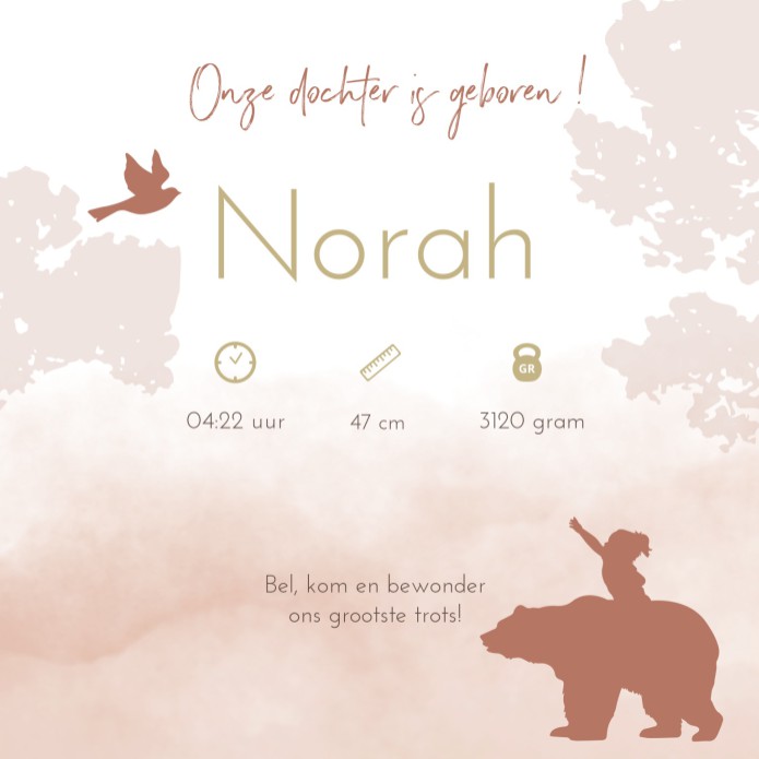 Geboortekaartje meisje silhouetten bosdieren Norah binnen