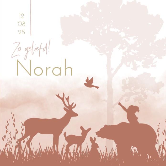 Geboortekaartje meisje silhouetten bosdieren Norah voor