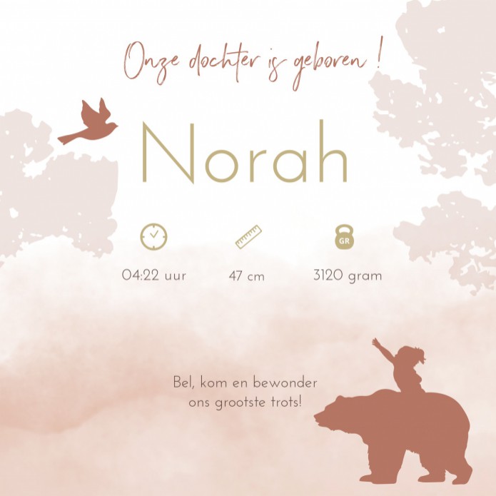 Geboortekaartje meisje silhouette bosdieren Norah binnen