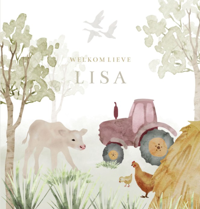 Geboortekaartje meisje tractor aquarel Lisa