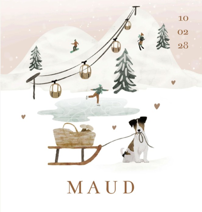 Geboortekaartje meisje wintersport Maud Hondje