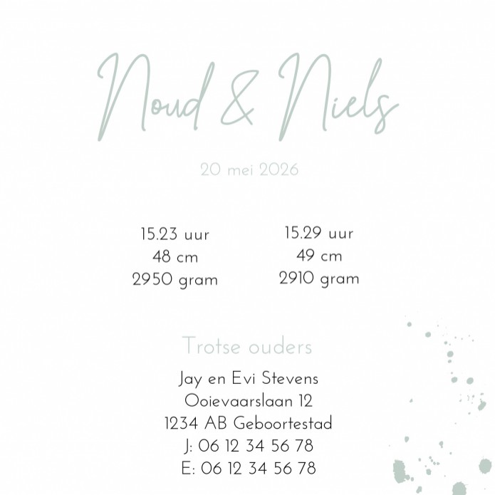 Geboortekaartje groen blauw met spetters Noud & Niels