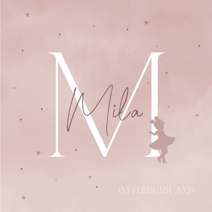 Geboortekaartje meisje letter roze silhouet Mila voor
