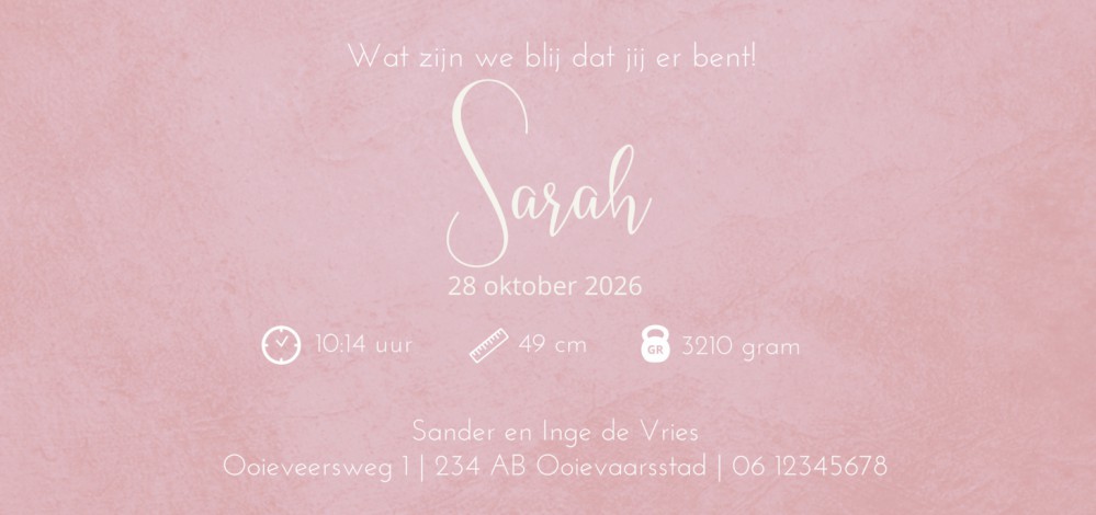 Geboortekaartje meisje minimalistisch roze Sarah achter