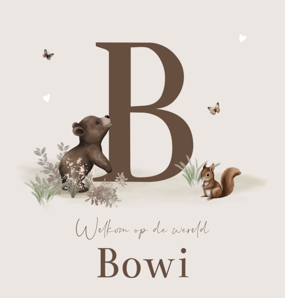 Geboortekaartje neutraal bosdieren initiaal Bowi