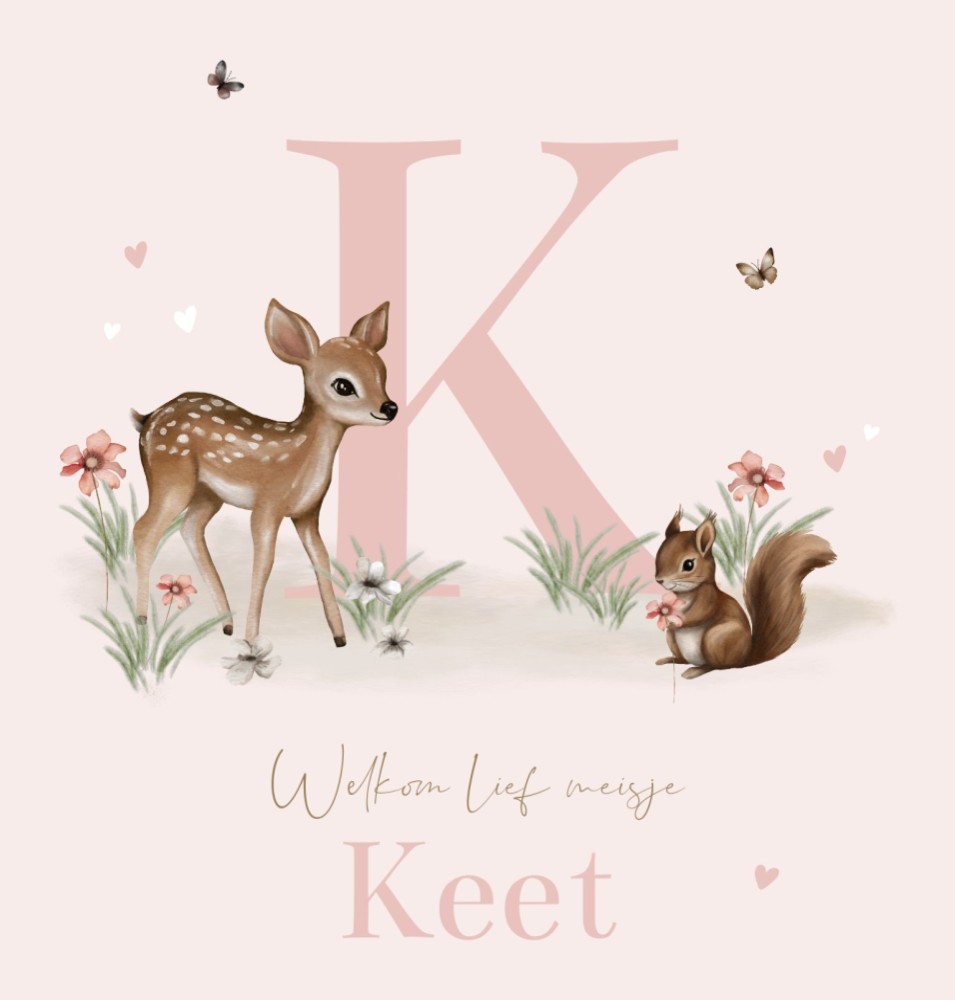 Geboortekaartje neutraal bosdieren initiaal Keet