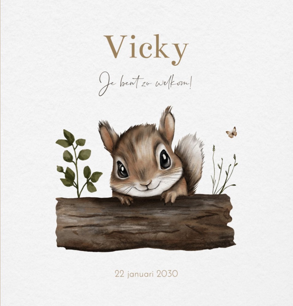 Geboortekaartje neutraal bosdieren eekhoorn Vicky