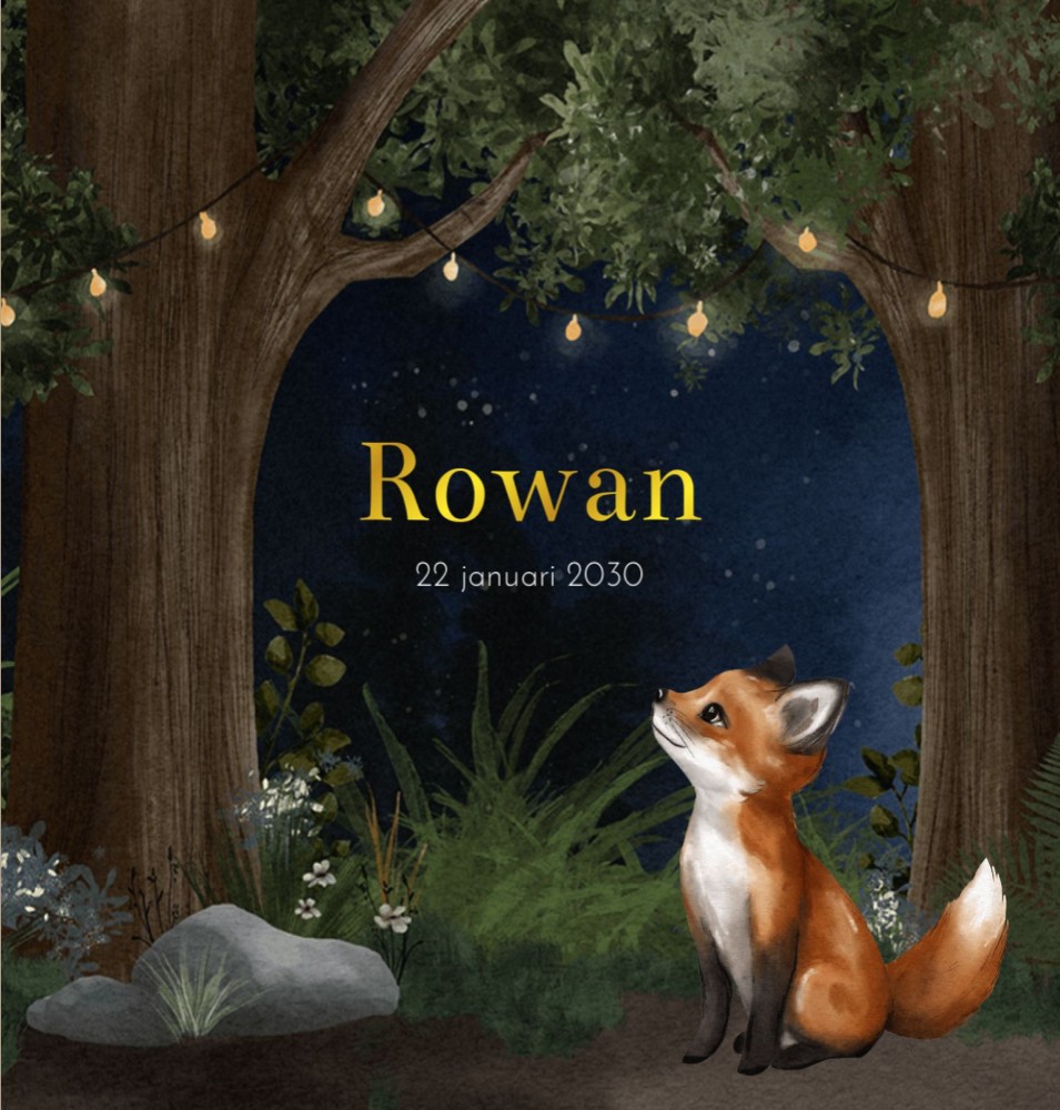 Geboortekaartje neutraal bosdieren vos Rowan