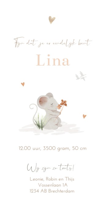 Geboortekaartje neutraal muis bos Lina