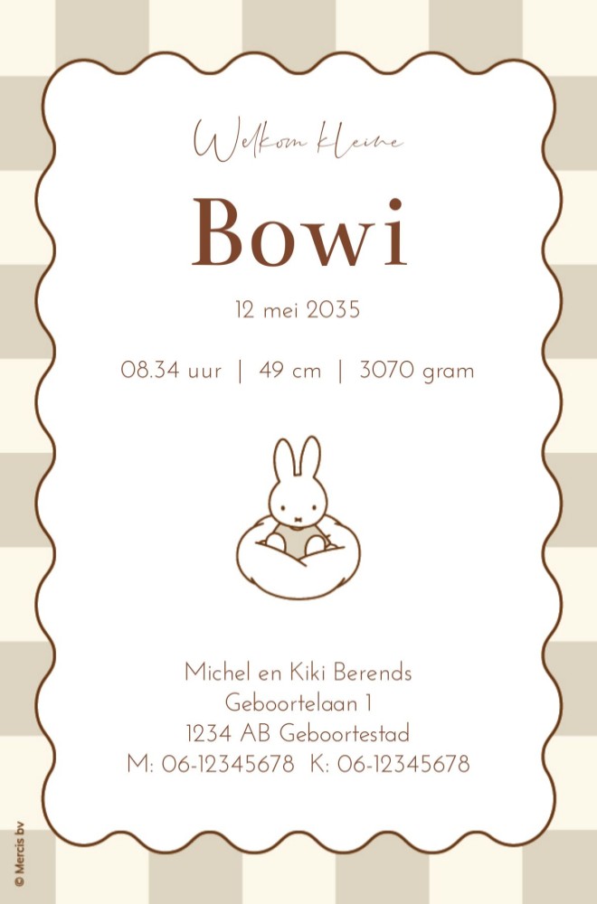 Achterkant van geboortekaartje nijntje op wolk beige Bowi