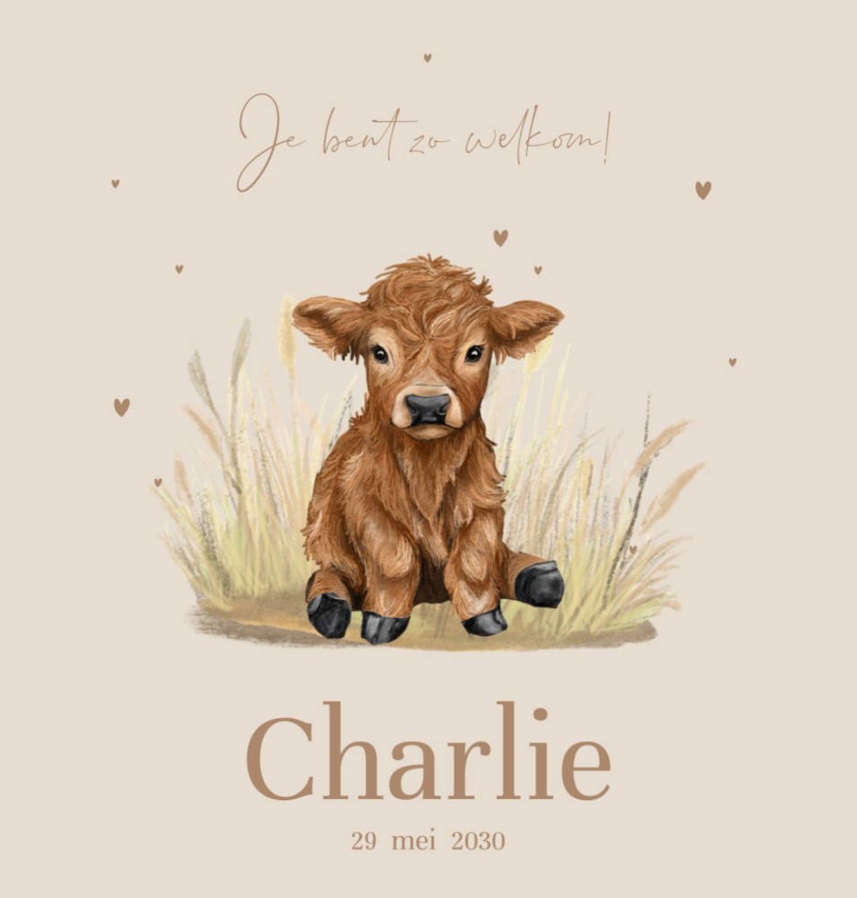Geboortekaartje neutraal boerderijdier koe Charlie