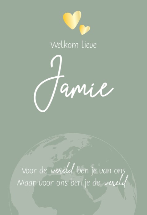 Geboortekaartje neutraal met wereld groen Jamie